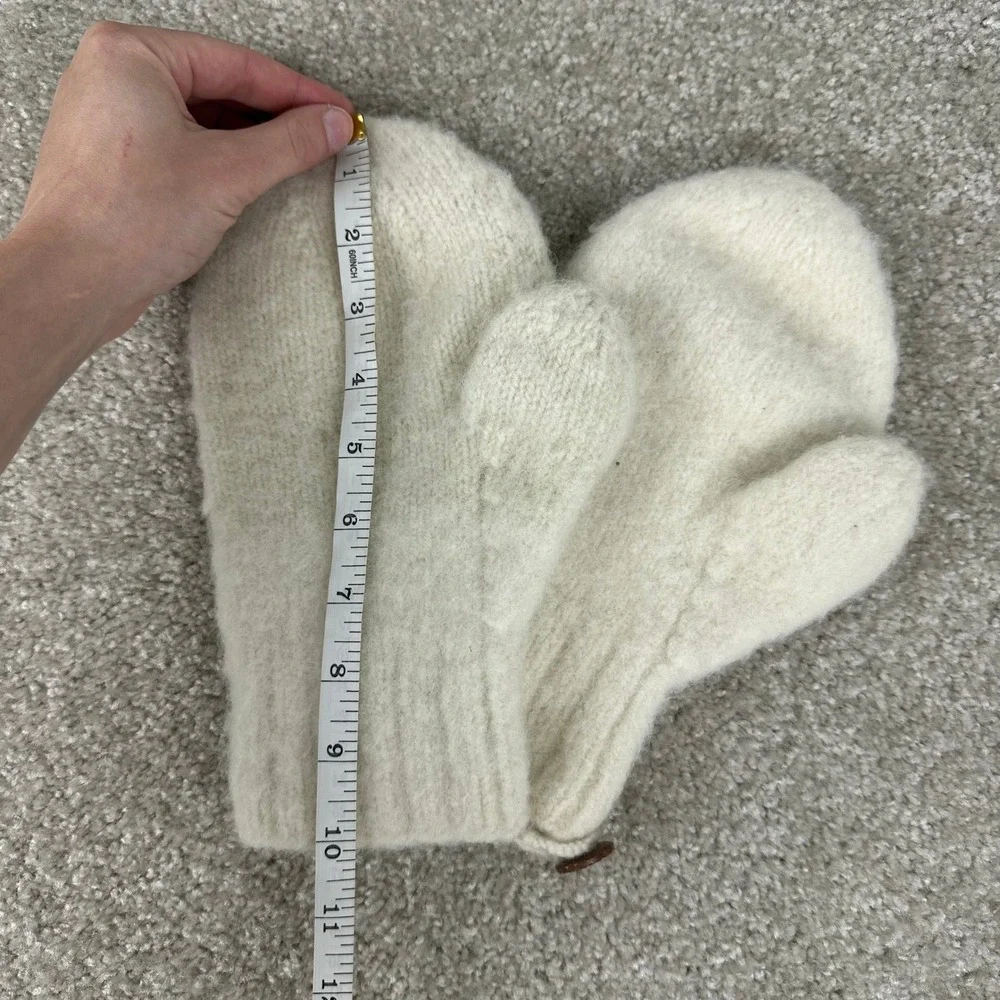 Handmade Wool Knit Mittens Cream White Winter Gloves with Button Detail